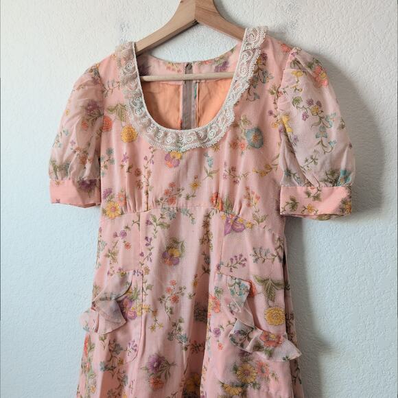 Vintage 50s-60s Empire Waist Dress Lace Pockets Floral Pink Hyper Feminine Girly - Picture 9 of 13